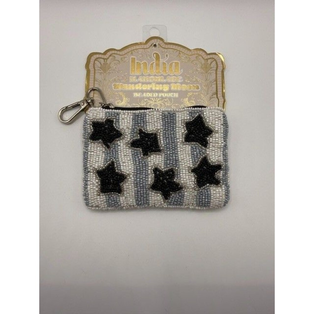 India Handmade Beaded Starfish Coin Pouch Gray White Striped Keychain Wallet